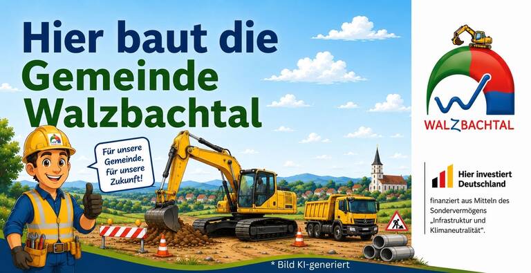 Auf dem Bild ist eine Baustelle mit einem Bagger und einem Lastwagen vor einer ländlichen Kulisse zu sehen, begleitet von einem Bauarbeiter, der auf ein Schild mit der Aufschrift "Für unsere Gemeinde, für unsere Zukunft!" hinweist, und dem Text "Hier baut die Gemeinde Walzbachtal".