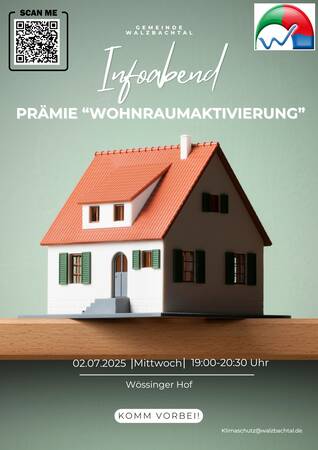 Flyer Infoabend Wohnraumaktivierung Prämie am 02.07.2025, Haus vor grünem Hintergrund