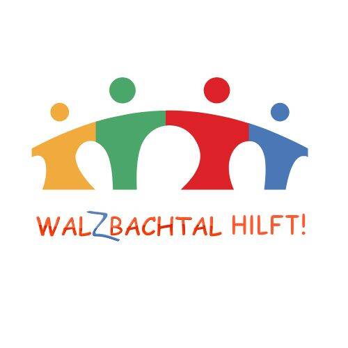 Das Logo von Walzbachtal Hilft symbolisiert eine Brücke aus Menschen in den Farben gelb, grün, rot und blau. Unter dem Symbol ist der Schriftzug Walzbachtal Hilft!