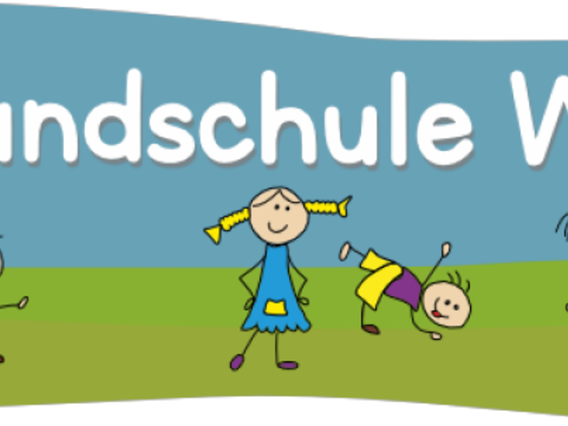 Gezeigt wird eine bunte Zeichnung von fröhlichen Kindern und einem Schulgebäude mit der Aufschrift "Grundschule Wössingen".