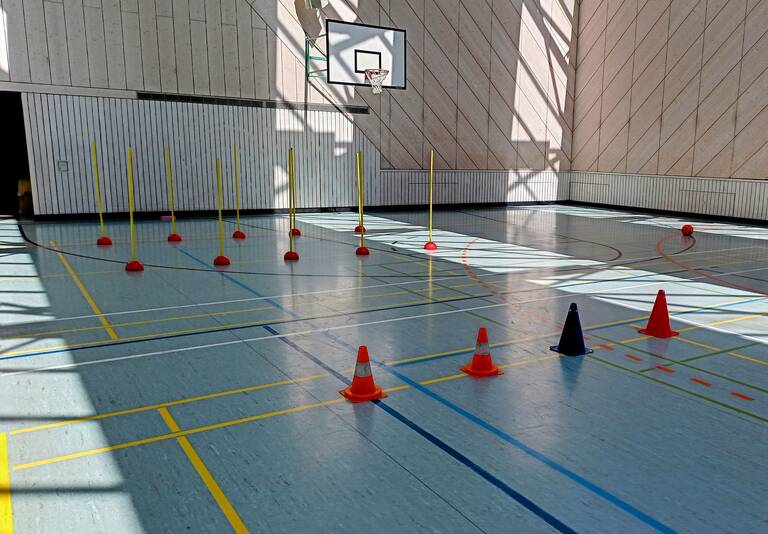 In einer Turnhalle sind Hütchen und Stangen für ein Geschicklichkeitstraining aufgestellt, während ein Basketballkorb an der Wand hängt.