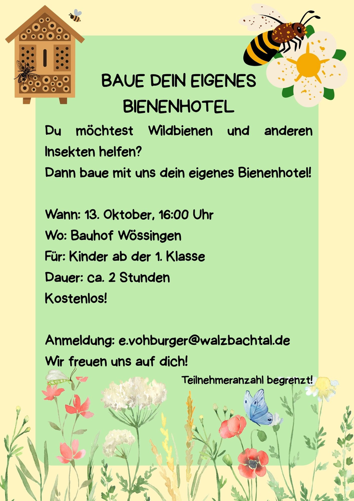 Plakat mit gezeichnetem Bienehotel und Biene und Textinformationen