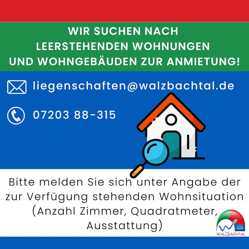 Plakat in den Walzbachtaler Farben rot, grün, blau mit gezeichnetem Haus und Lupe