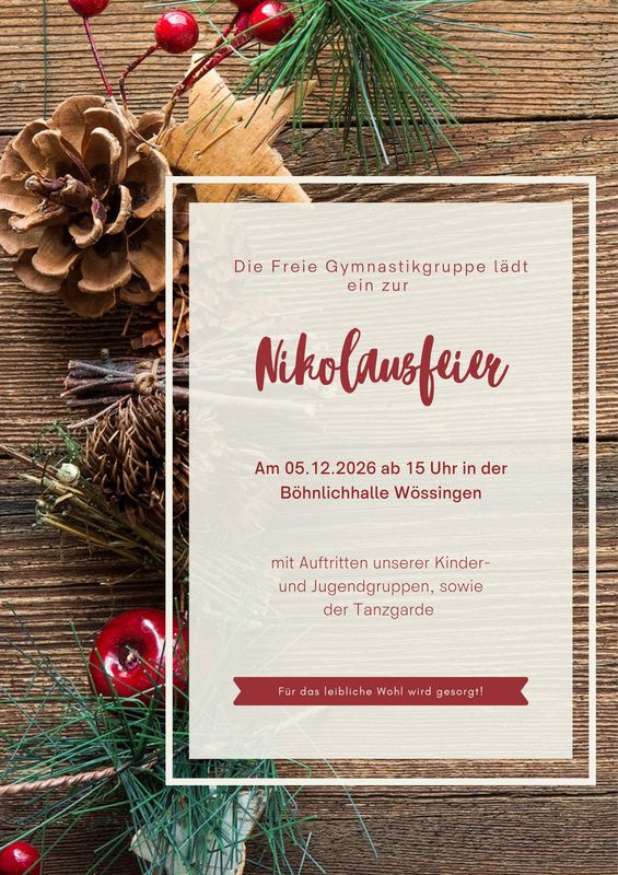 Eine Einladung zur Nikolausfeier am 5. Dezember 2026 dekoriert mit Tannenzweigen, Zapfen und roten Beeren auf einem Holzhintergrund.