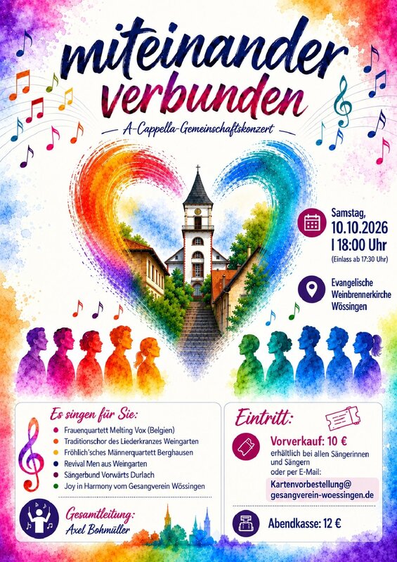Das Bild zeigt ein buntes Plakat für ein A-Cappella-Gemeinschaftskonzert mit musikalischen Noten, stilisierten Silhouetten von Sänger:innen und einer Kirche im Hintergrund, das am 10. Oktober 2026 in der evangelischen Weinbrennerkirche Wössingen stattfindet.