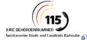 Logo der 115 Behördennummer Telefonhörer mit der 115 und drei umrandenden Halbkreisen in schwarz rot gold